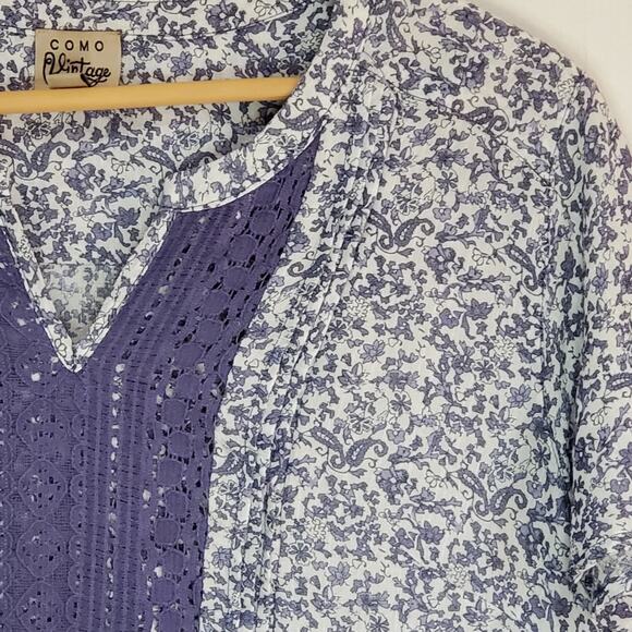 Como Vintage Blue V Neck Floral Flutter Sleeve Top Medium - Picture 8 of 9